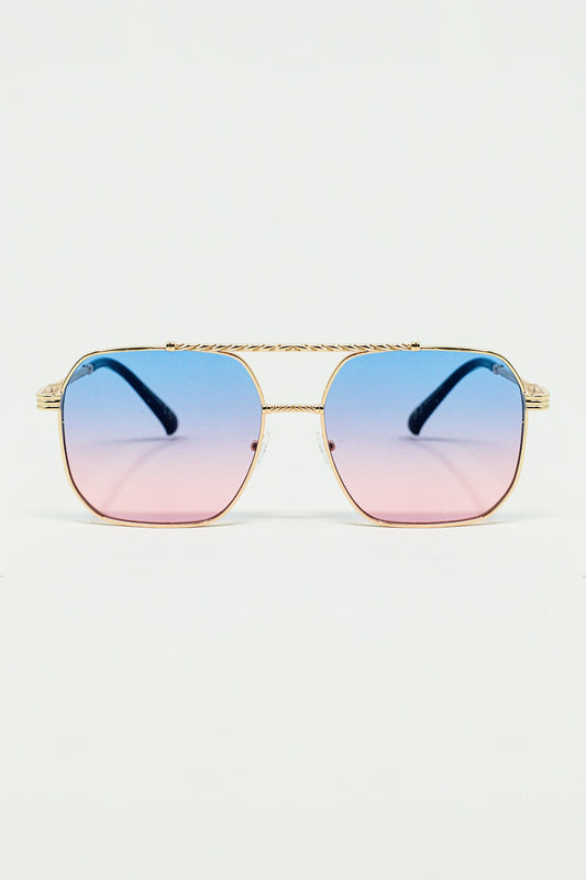 Lunettes de soleil à monture carrée dorée bleu clair ombré et rose