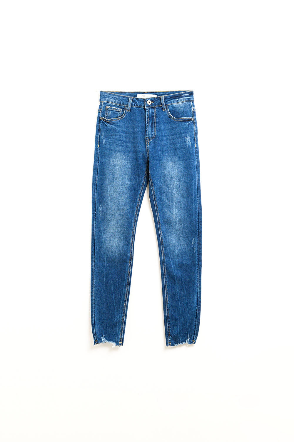Jean super skinny en délavage moyen avec déchirures au bas de la jambe