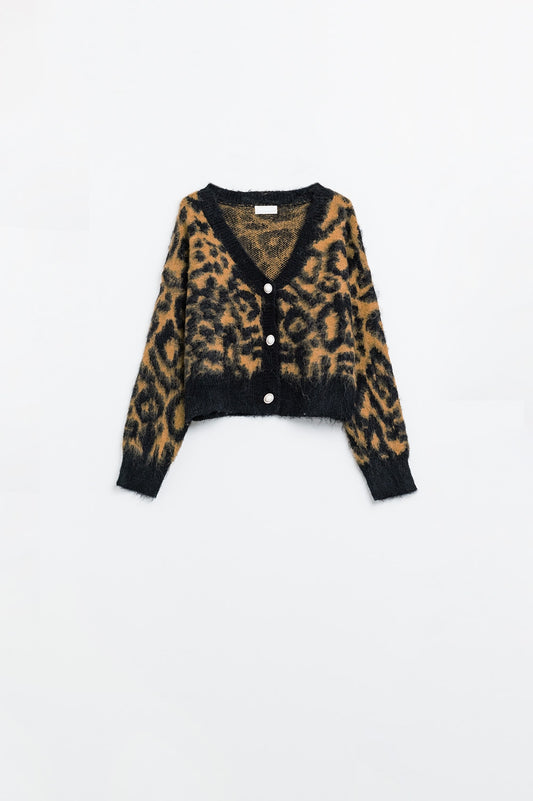 Cardigan imprimé léopard en tissu tricoté avec laine couleur Camel