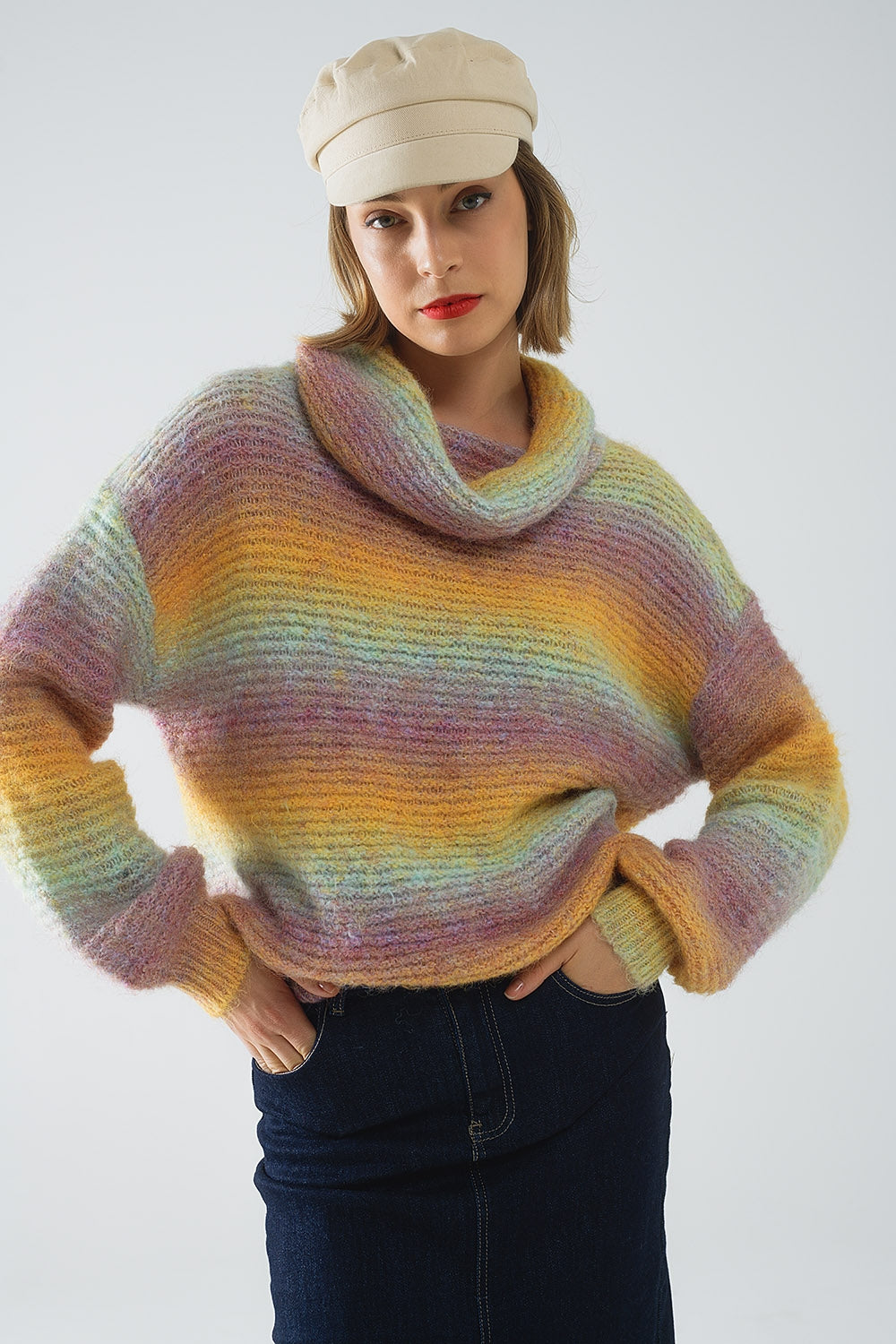 Pull Comfy à col roulé surdimensionné en multicolore