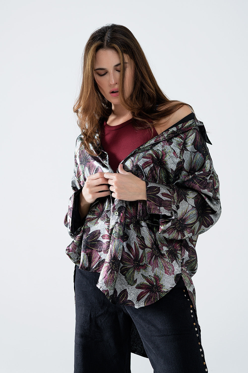 Chemise à imprimé floral à effet métallique