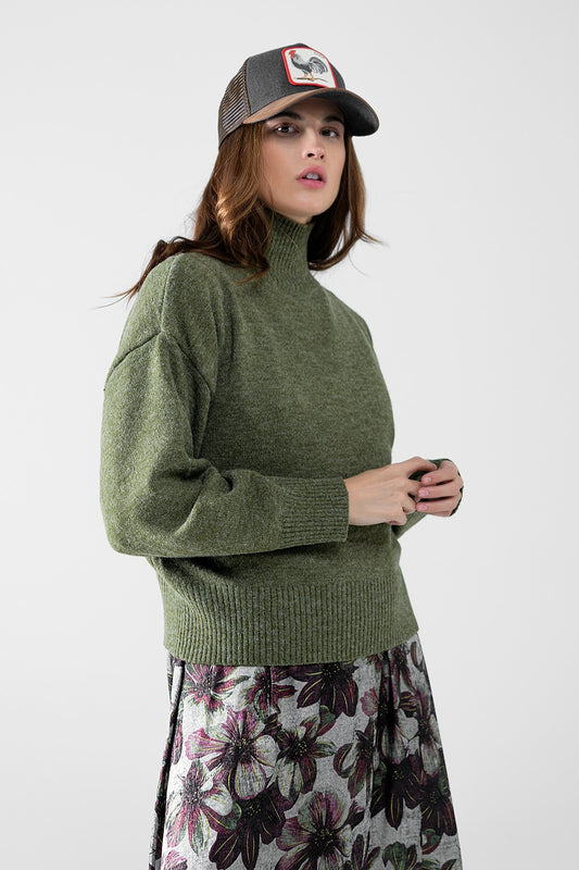 pull-over à grosses mailles en vert avec col roulé