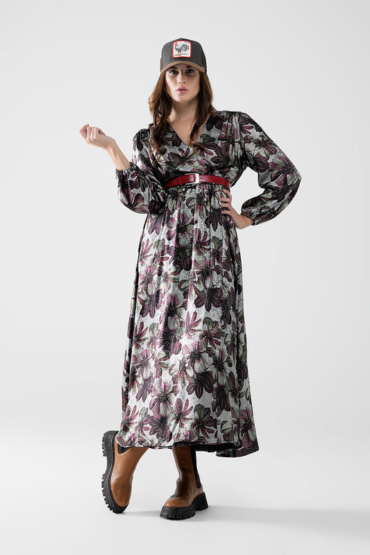 robe longue avec imprimé floral à effet métallique