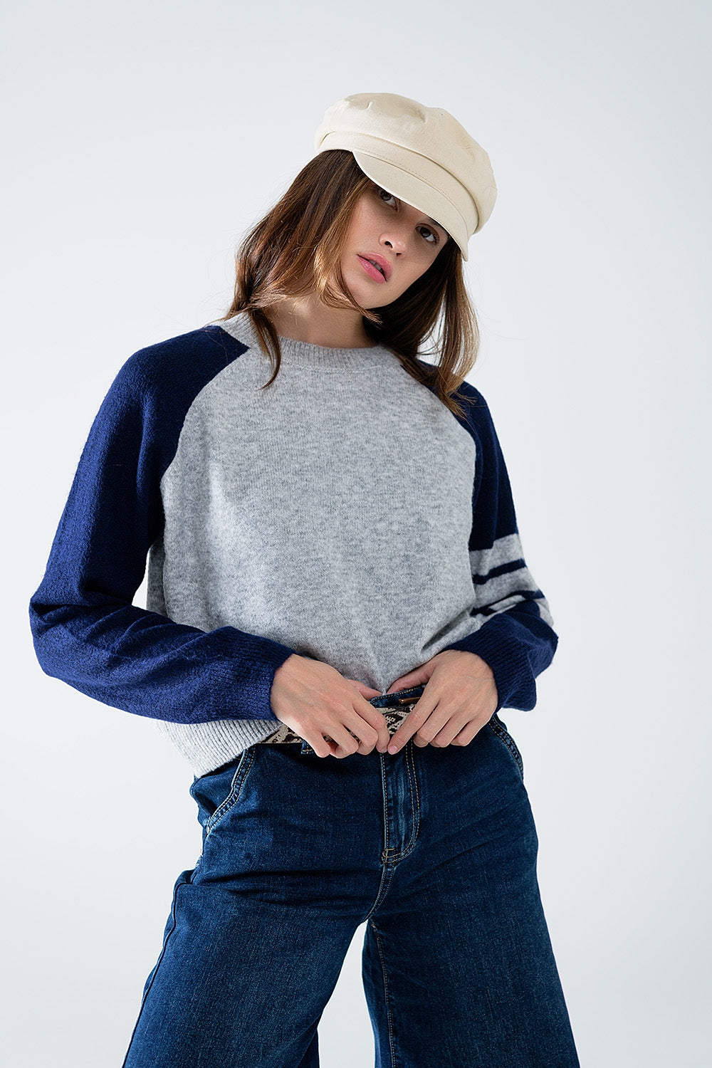 pullover à manches raglan bicolore en marine et gris