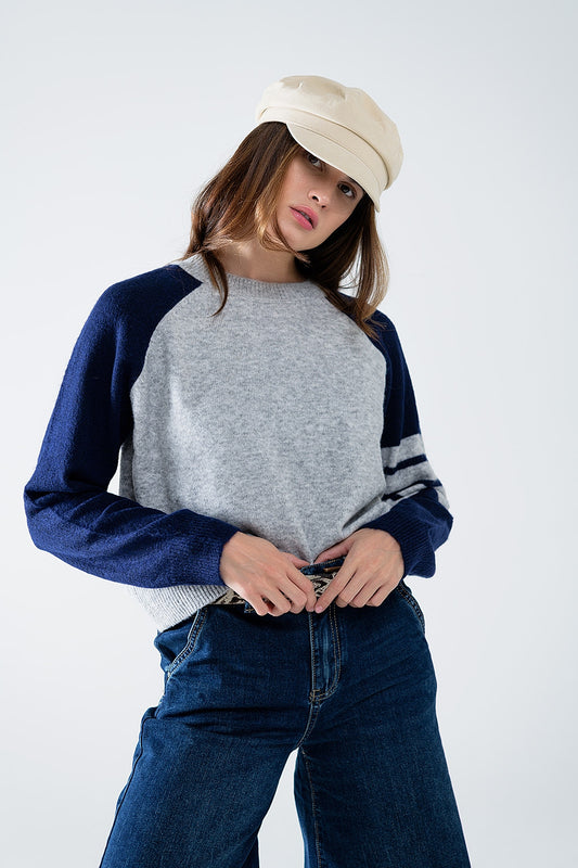 pullover à manches raglan bicolore en marine et gris