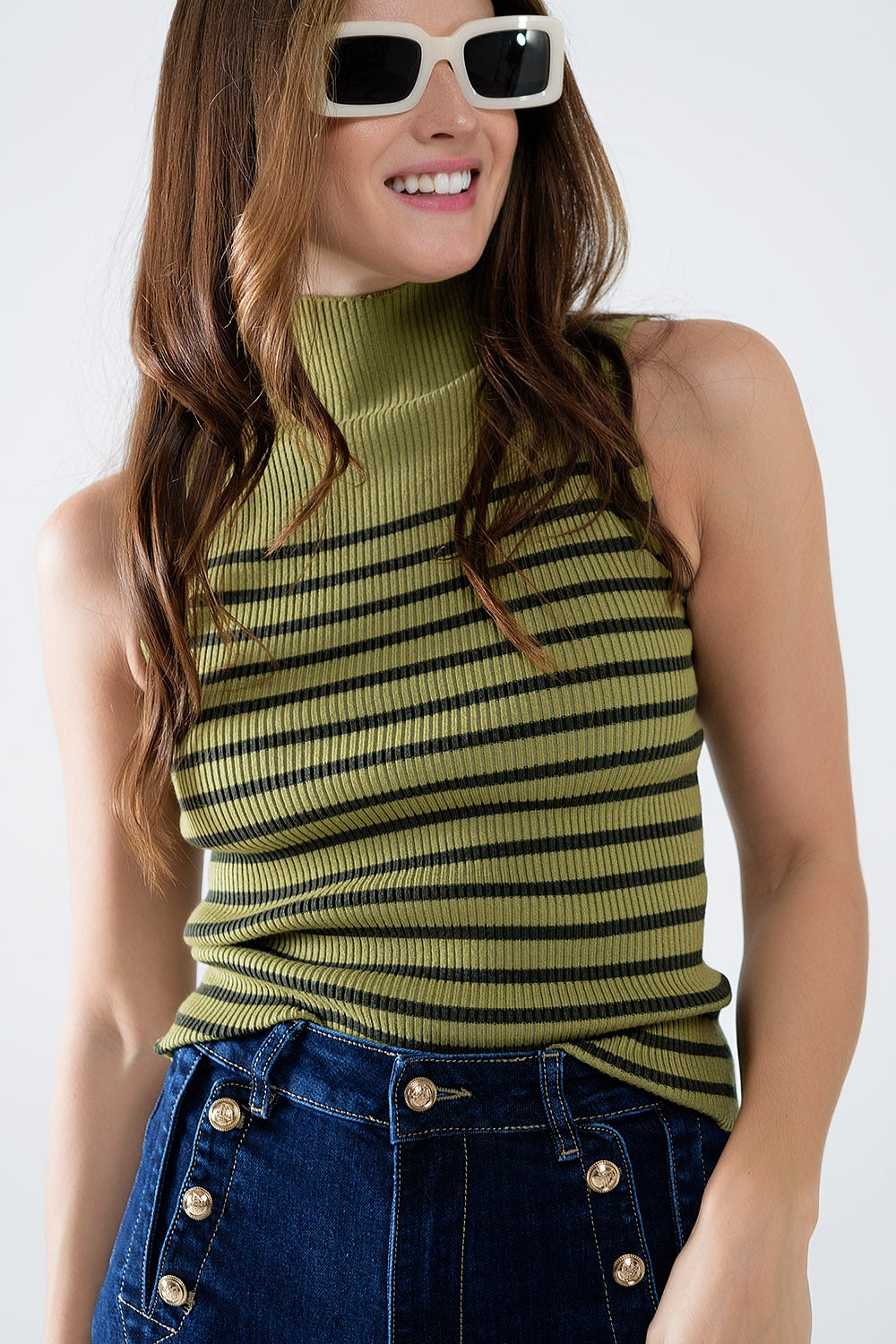 Pull-over tortue rayé vert olive