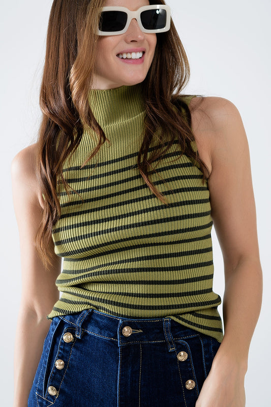 Pull-over tortue rayé vert olive