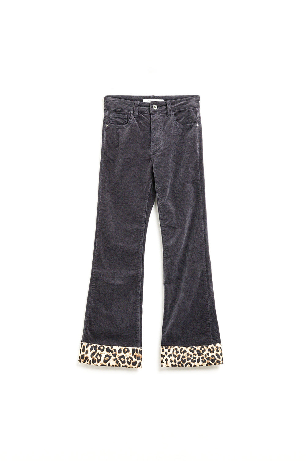 Pantalon évasé en velours côtelé gris foncé avec imprimé léopard sur le bas