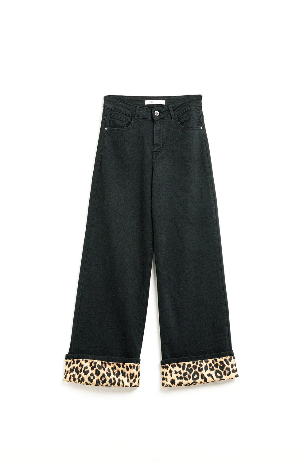Pantalon noir à jambes larges avec imprimé léopard en bas