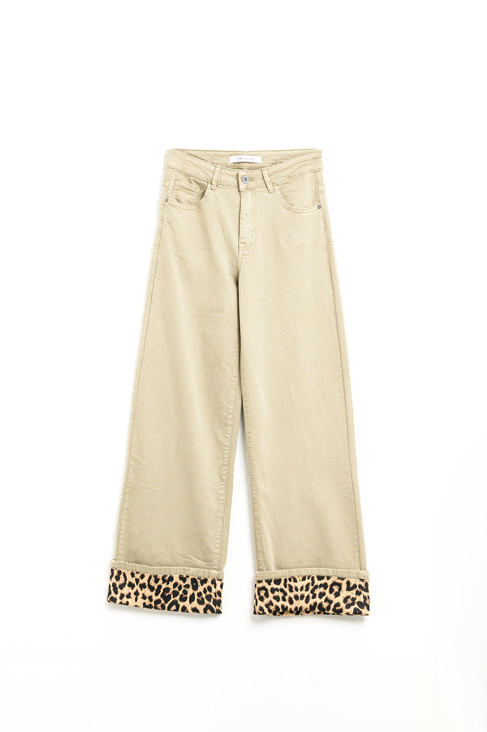 Pantalon large beige avec imprimé léopard sur le bas