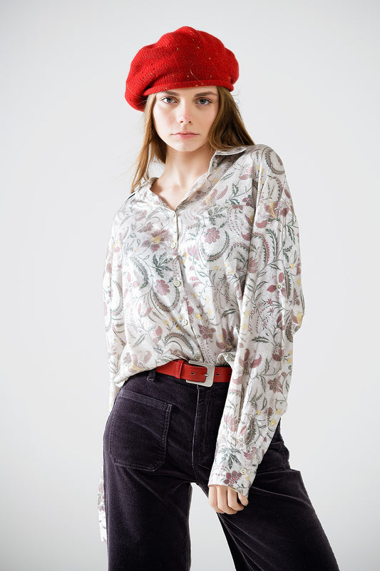 Chemisier en satin à imprimé floral en gris