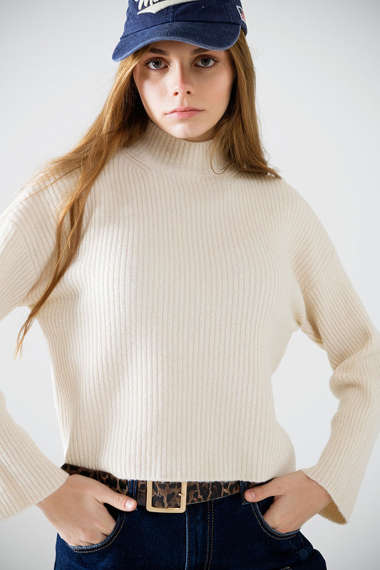 pull-over décontracté à col montant en côtes de couleur crème