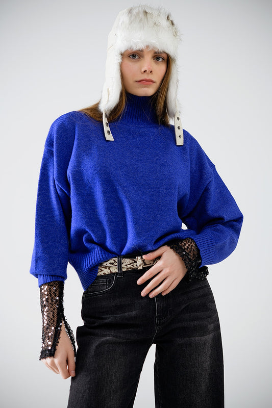 pull-over à grosses mailles en bleu avec col roulé