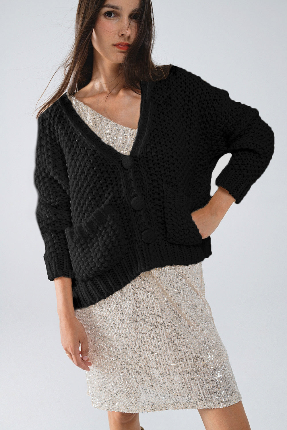 Veste oversize en maille épaisse noire avec poches