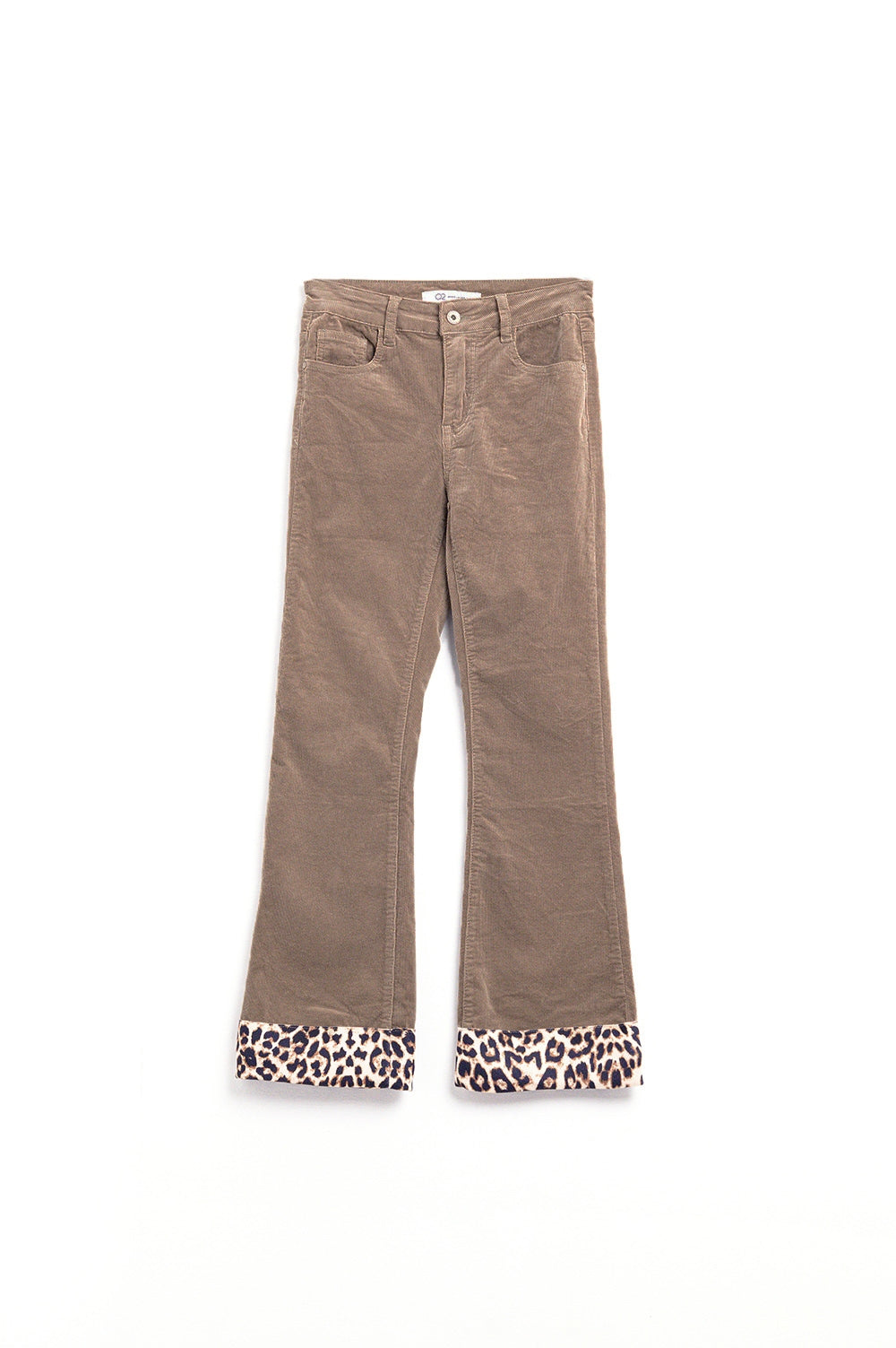 Pantalon évasé en velours côtelé beige foncé avec imprimé léopard sur le bas