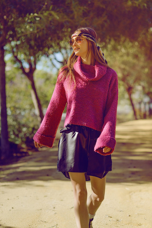 pull à col montant en tricot doux de couleur fucshia