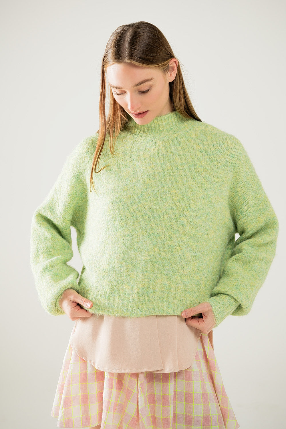 Pull-over fluo vert clair à col montant et manches ballons