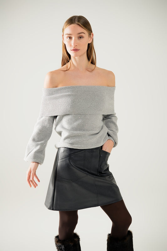 Pull gris à col bateau et paillettes