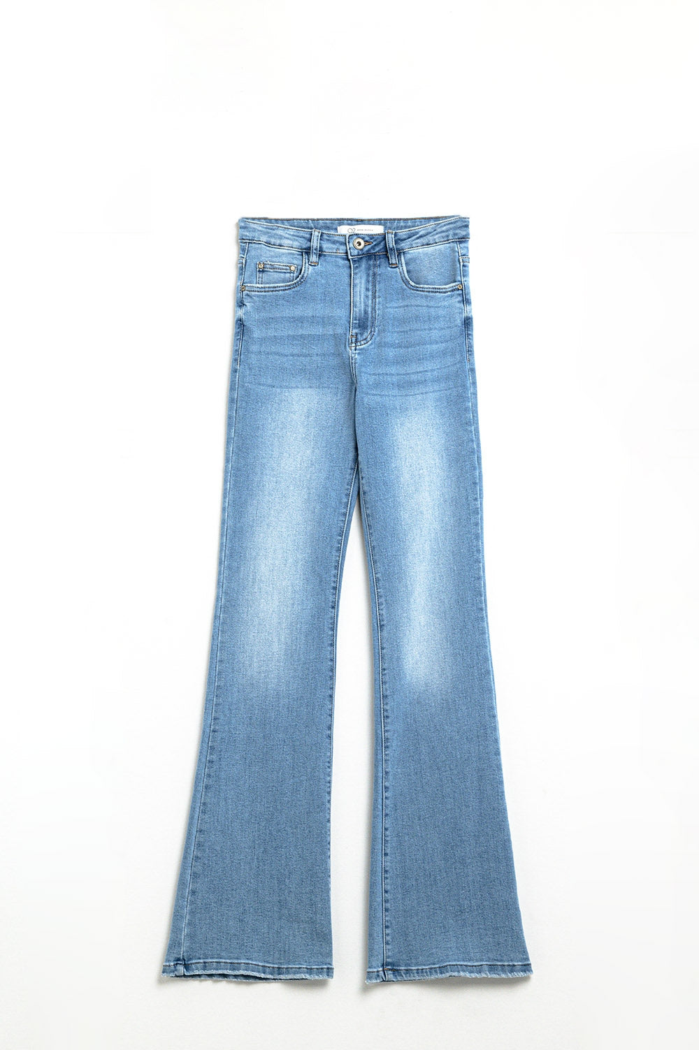 Jeans évasés taille haute des années 70 en denim extensible délavé clair