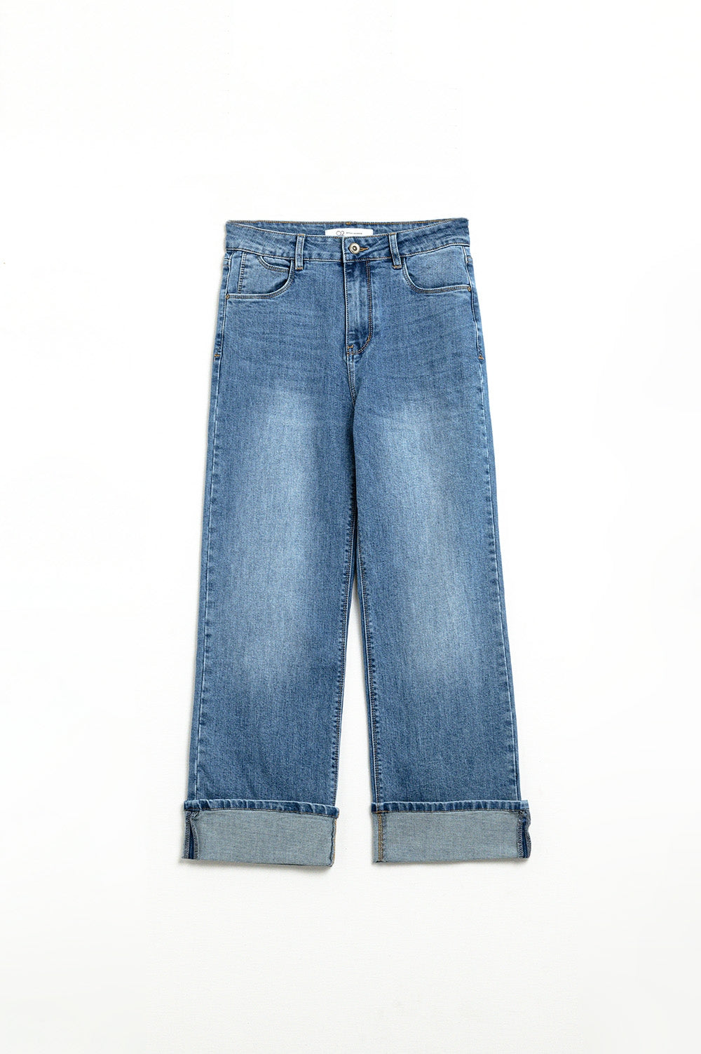 jeans à coupe droite et à revers avec délavage moyen