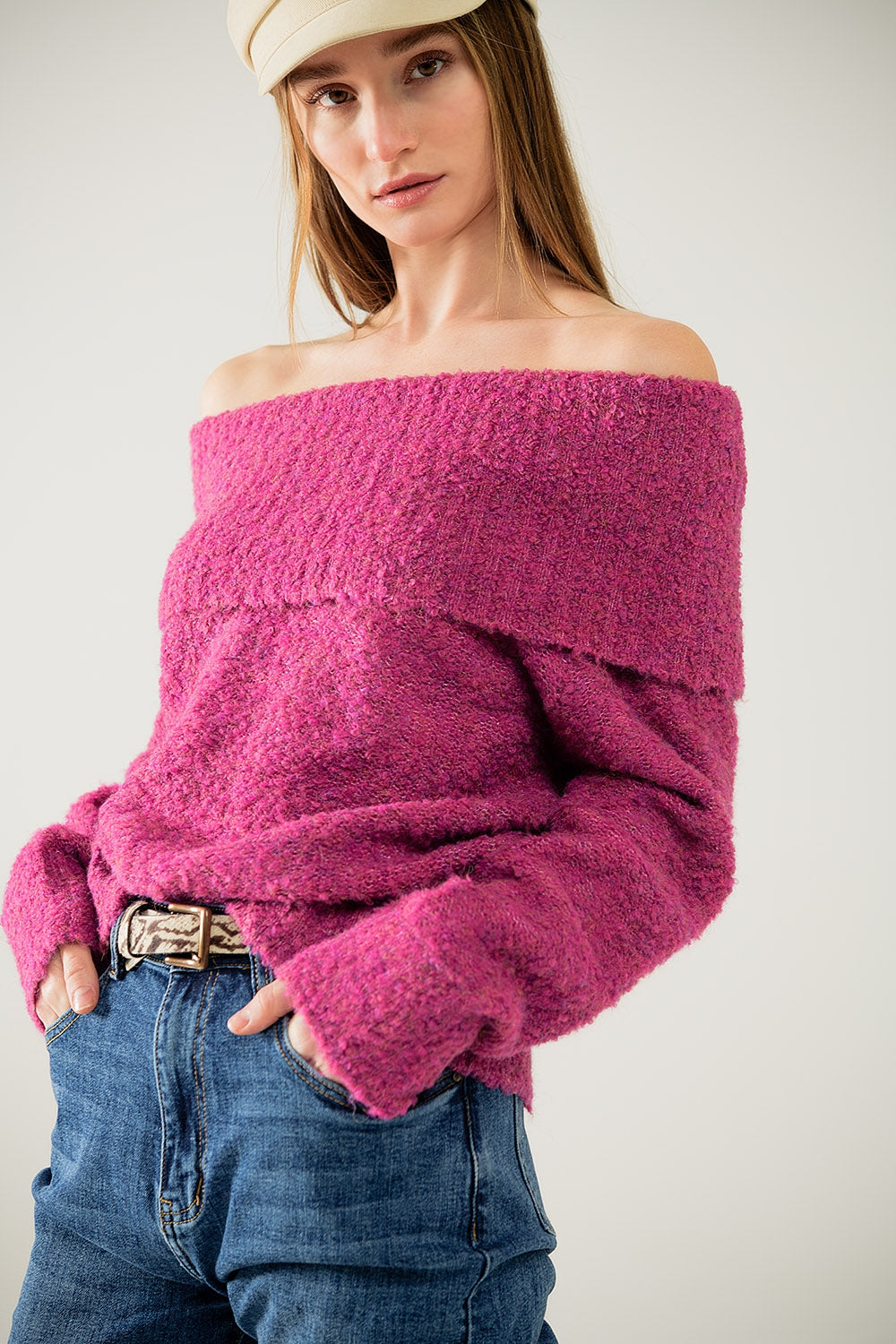 Pull à col bateau en maille duveteuse fucsia