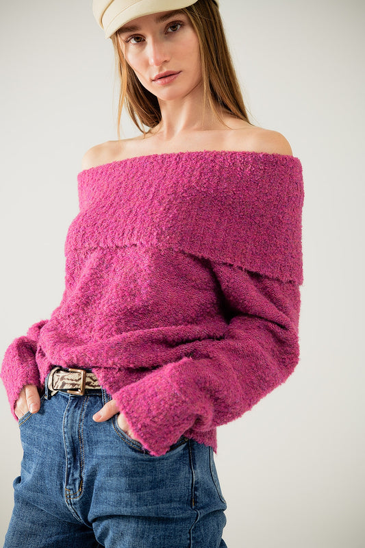 Pull à col bateau en maille duveteuse fucsia