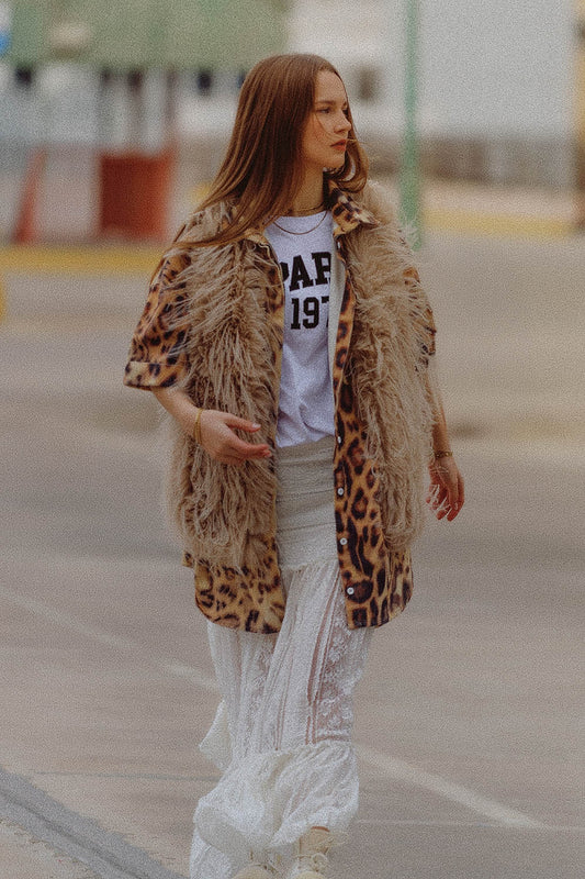 gilet en fourrure longue beige