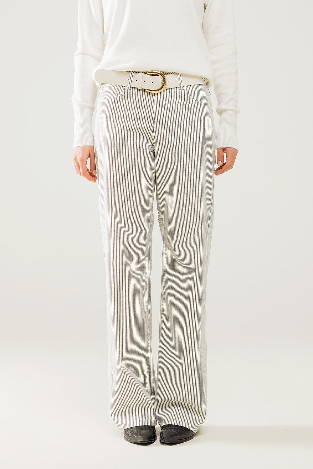 Pantalon rayé à jambe droite en tissu extensible
