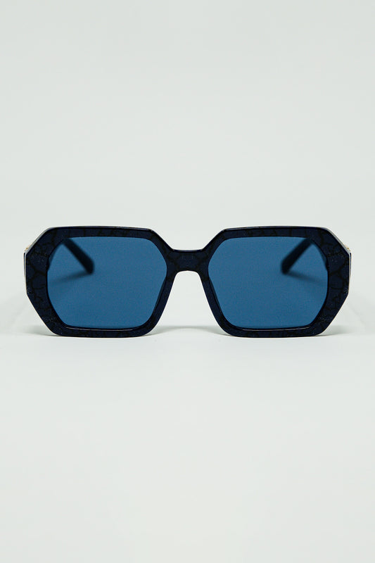Lunettes de soleil en forme de diamant noires avec verres bleu foncé