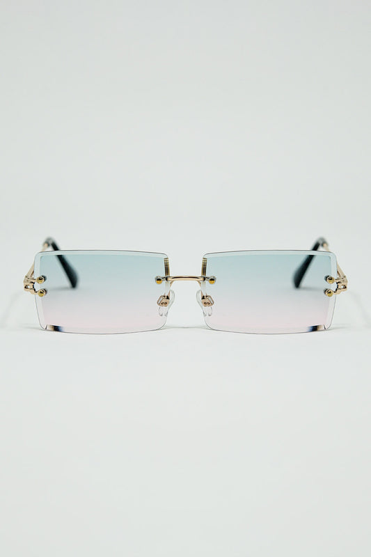 Lunettes de soleil carrées dorées à monture fine avec verres dégradés turquoise et rose