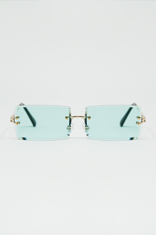 Lunettes de soleil carrées dorées à monture fine et verres turquoise