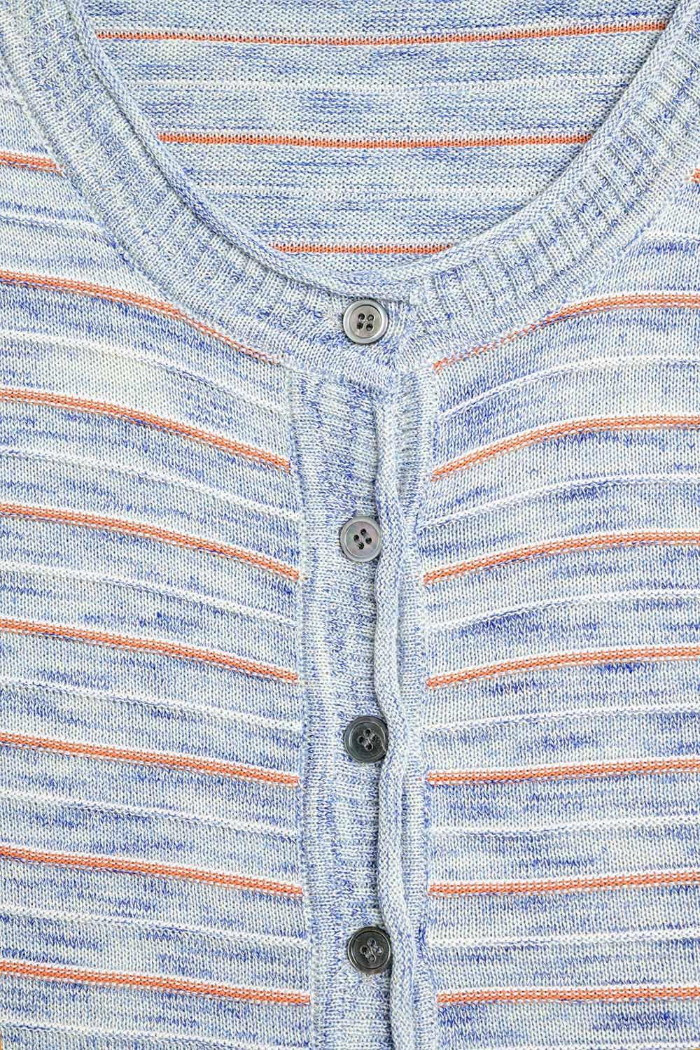 Pull Boutonné Bleu à Rayures Oranges