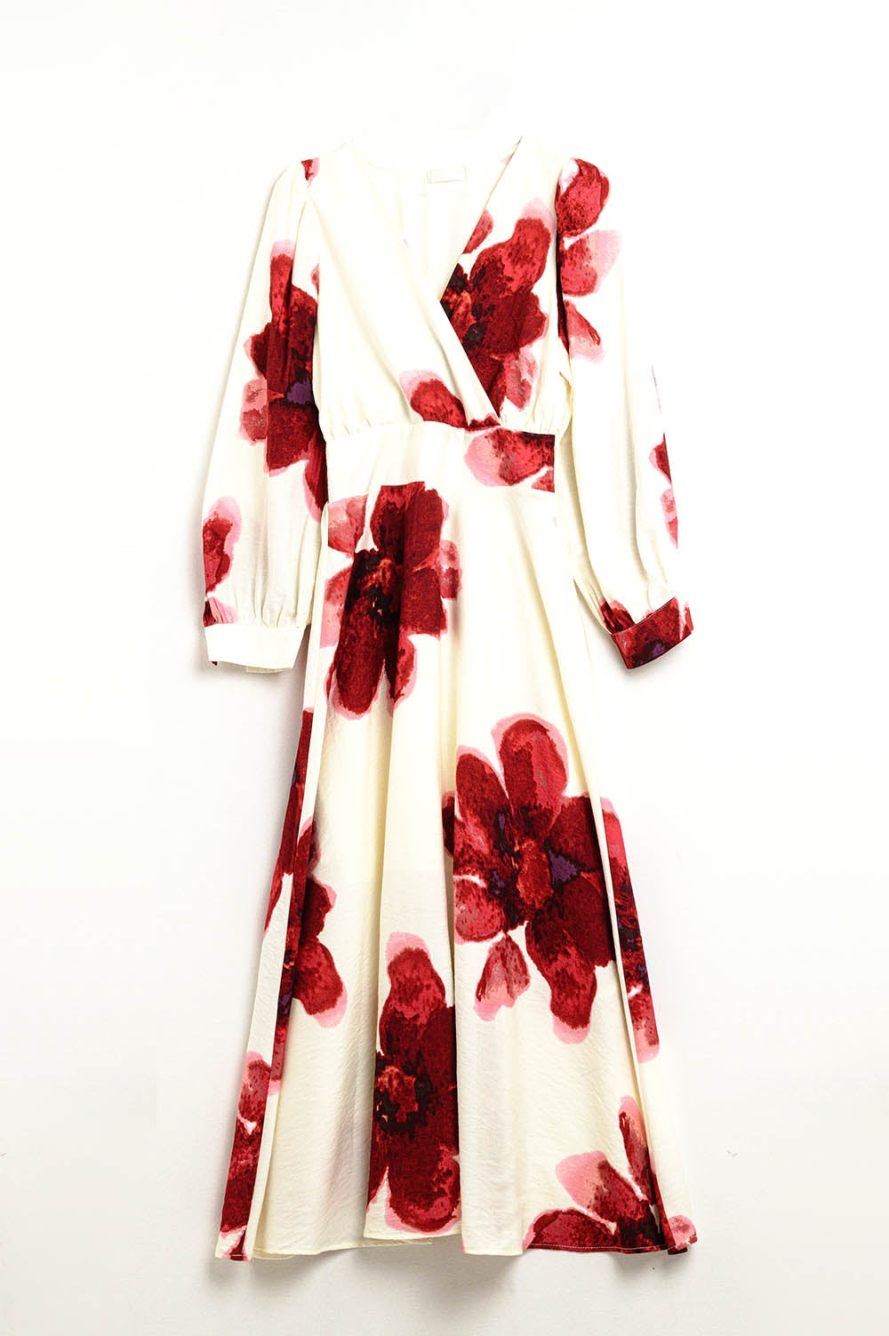 Robe midi portefeuille beige avec imprimé floral tropical rouge et manches longues
