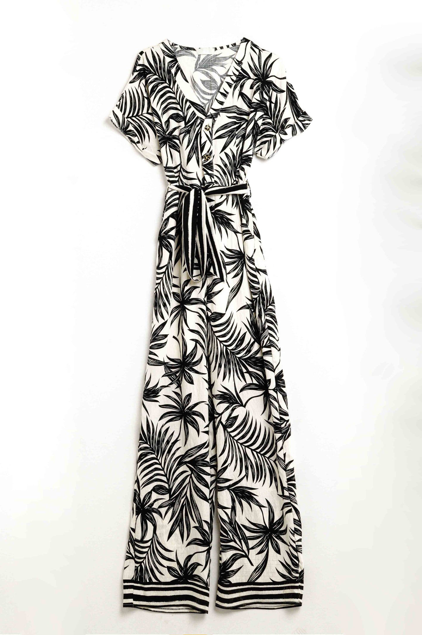 Combinaison à manches courtes avec motif tropical en noir et blanc