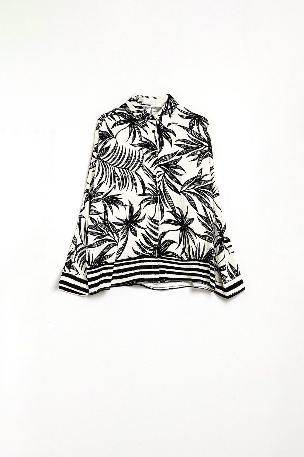 Tropical Motif Blouse Décontractée en Noir et Blanc