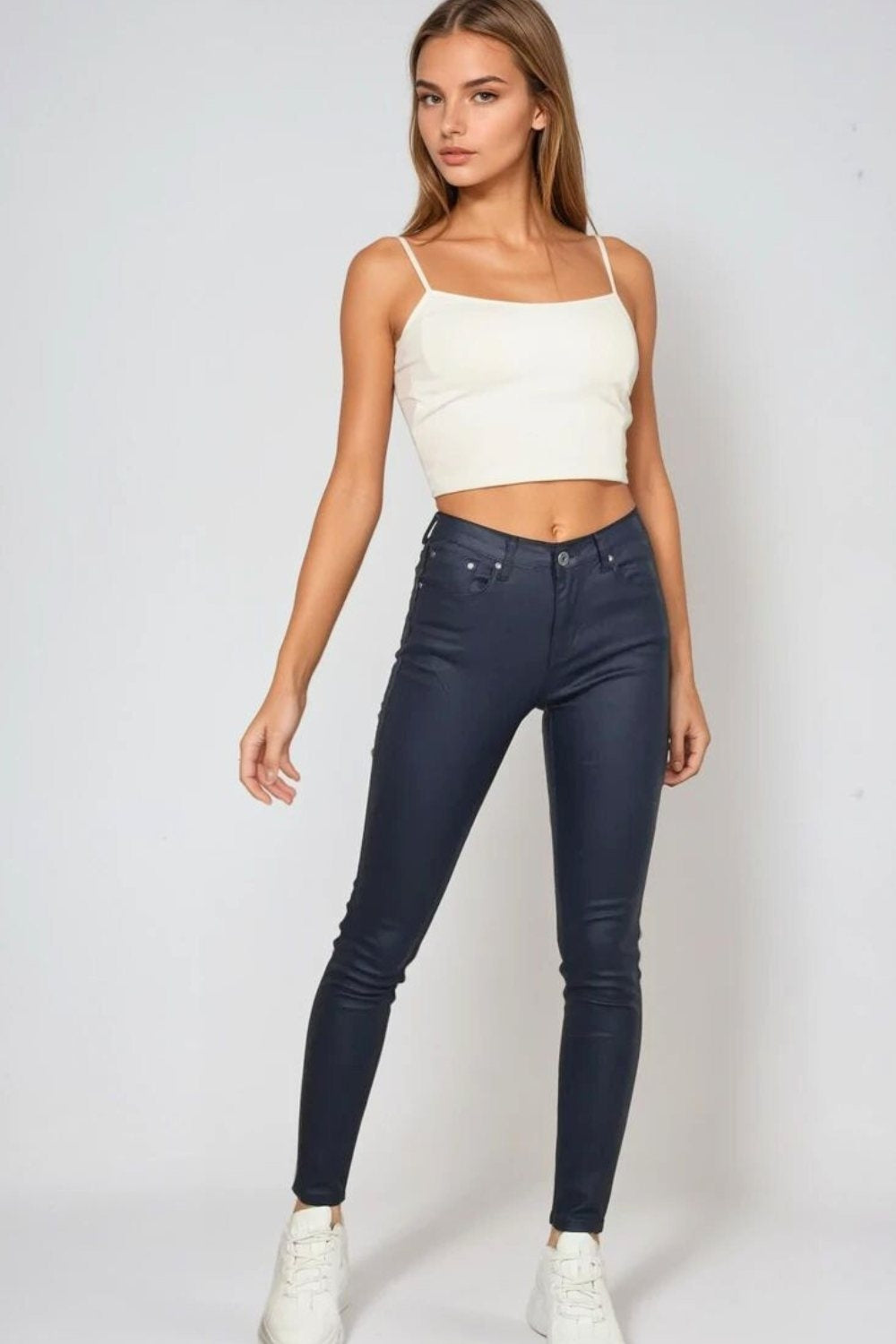 Pantalon super skinny en simili-cuir bleu marine