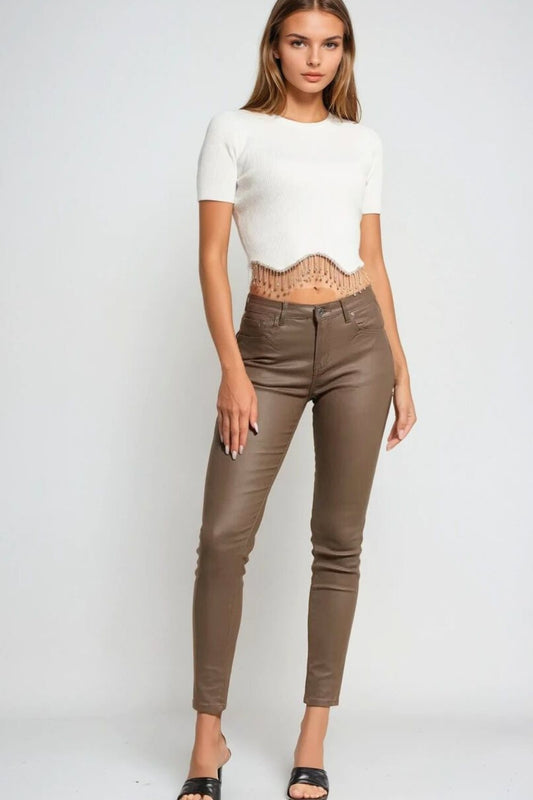 Pantalon super skinny en simili-cuir beige