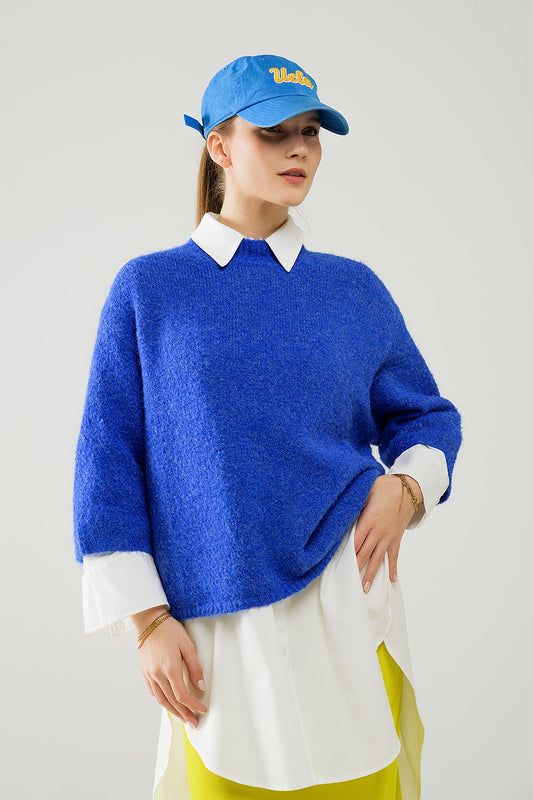 Pull décontracté avec manches françaises et col ras du cou en encre bleue