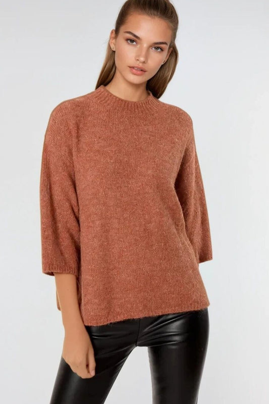 Pull décontracté à manches françaises et col ras du cou en camel