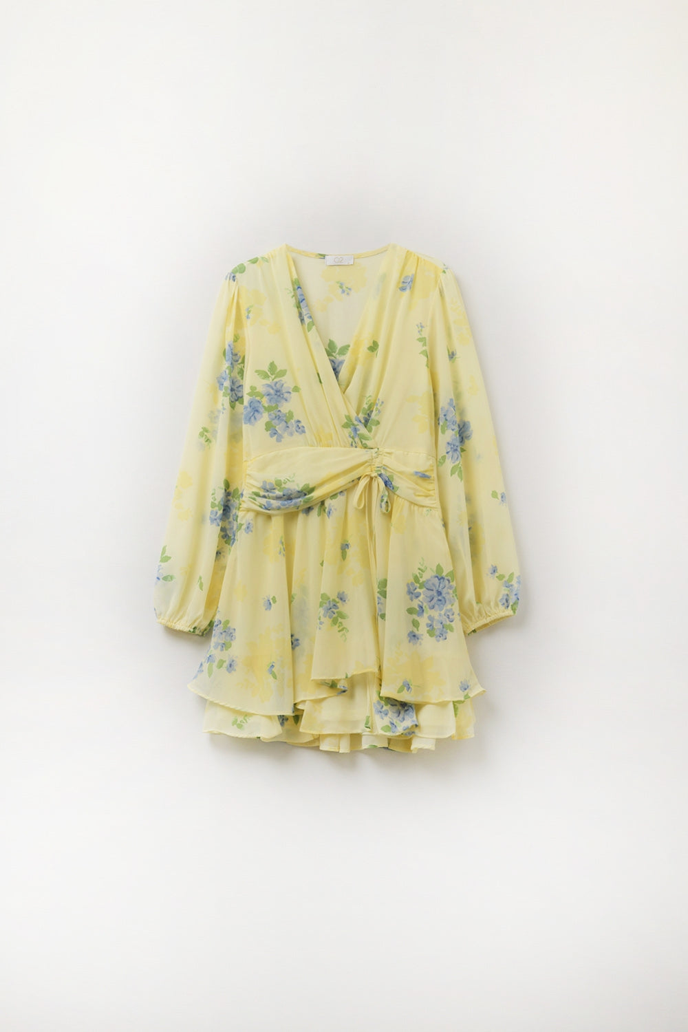 Mini-robe printanière jaune beurre à motifs froncés