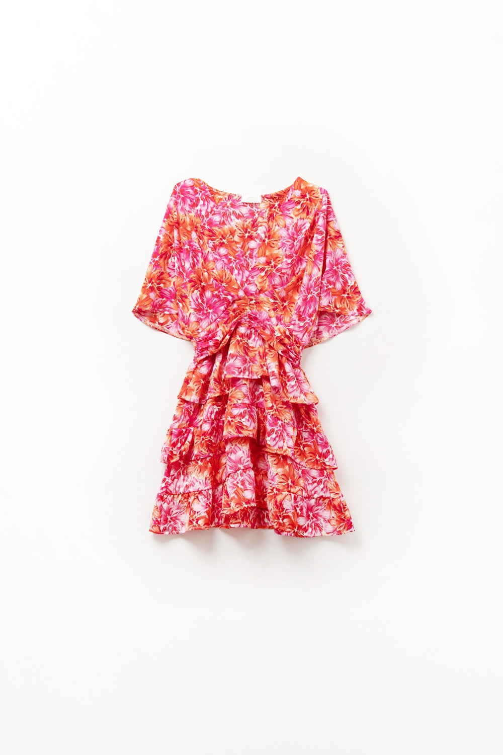Robe imprimée florale avec des tons roses orange et rouges