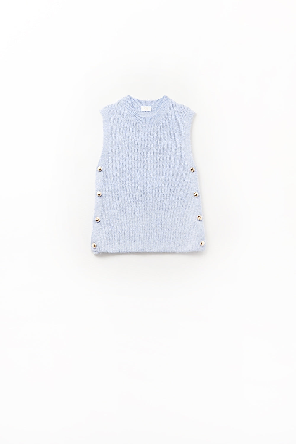 Pull bleu sans manches avec boutons dorés sur le côté