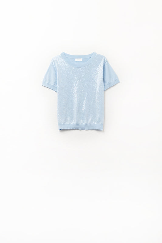 Pull bleu ciel à sequins et col rond