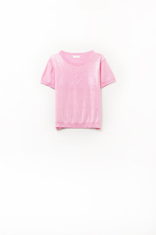 Pull à paillettes rose avec col ras du cou