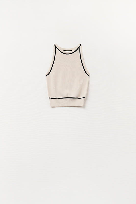 Pull sans manches beige avec détails de lignes noires