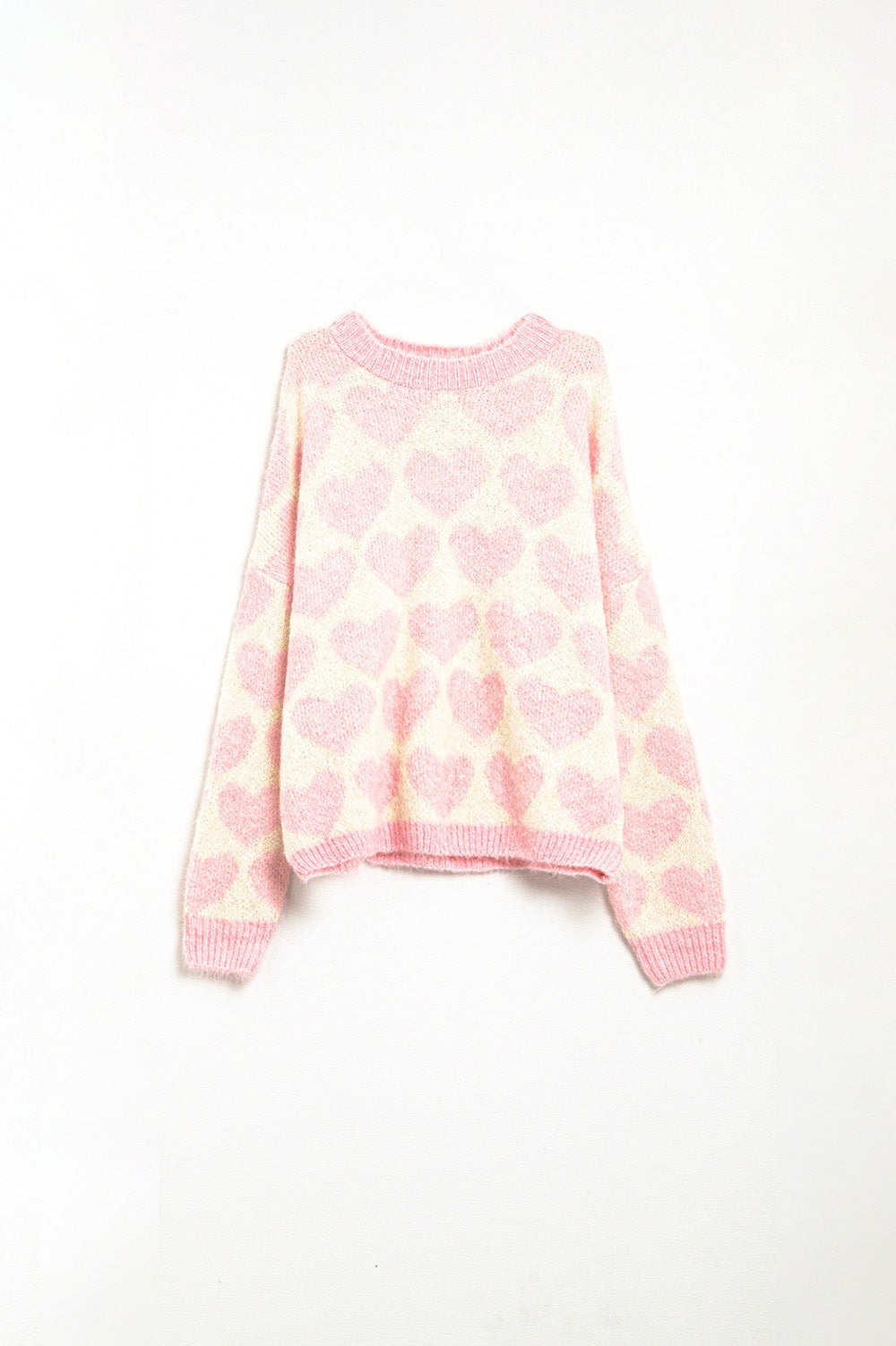 Pull oversize crème super doux avec des cœurs roses partout