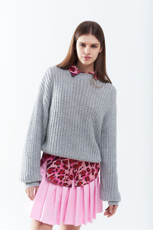 Pull en grosse maille gris clair à manches ballon