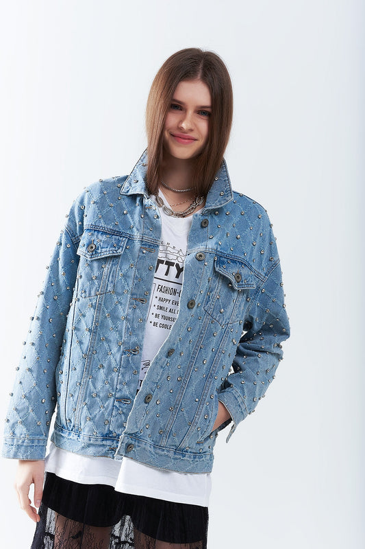 Veste en jean large avec strass en motif losange