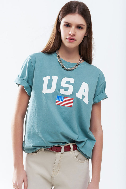 T-shirt long ample vert avec logo USA
