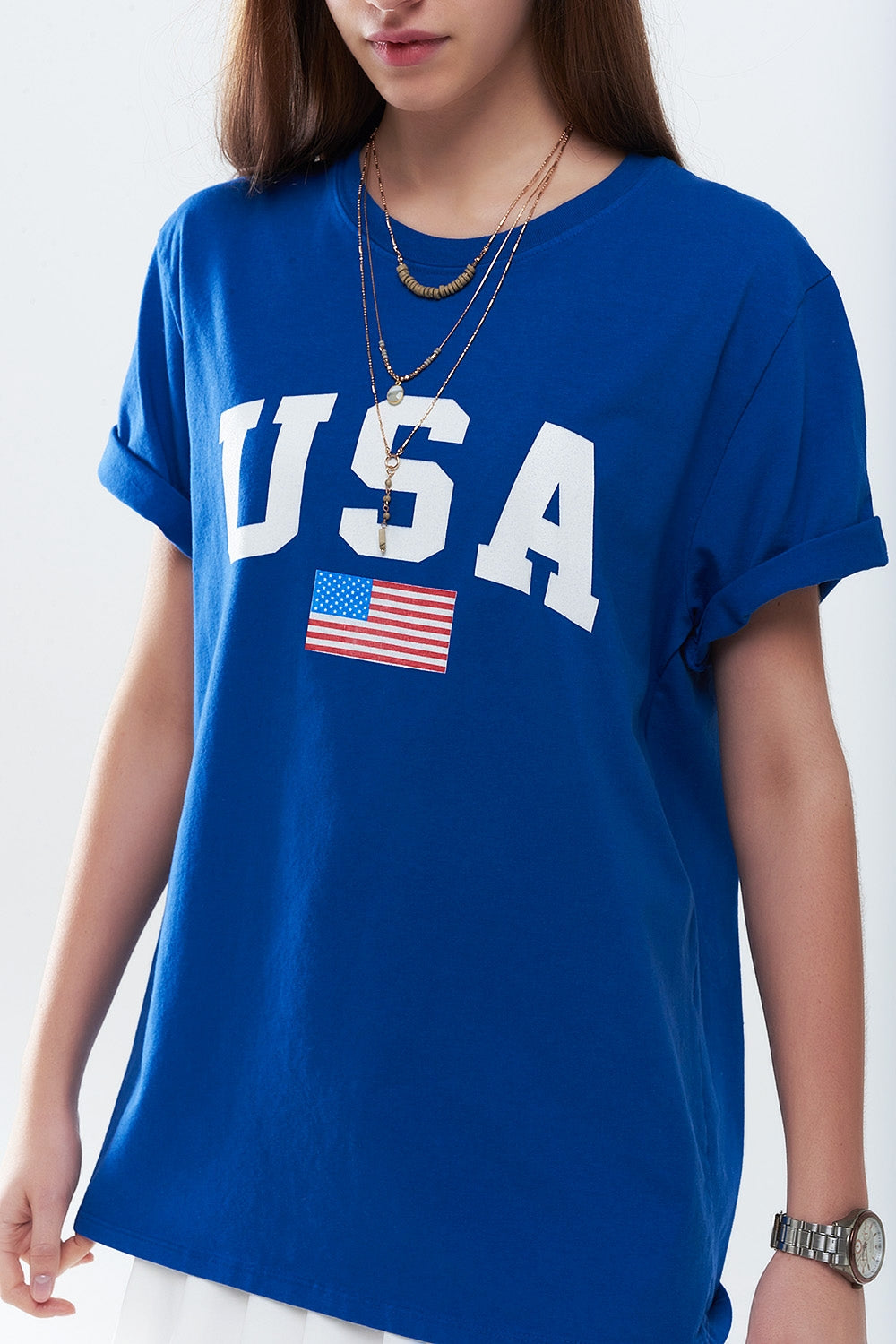 T-shirt long bleu ample avec logo USA